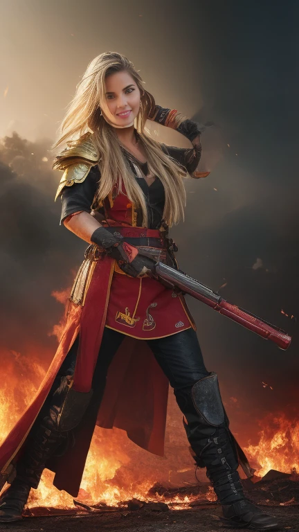 (masterpiece:1.5), (bestquality), (highlydetailed), (ultra-detailed), (1girl:1.2), (full body:1.2), (young girl), (blonde hair), (weapon in hand), (war battle scene), (bloody atmosphere), (smoke), (fire), (corpses), (chaotic background), (explosions), (torn clothing), (determined expression), (sweat and dirt), (injured), (dynamic pose), (broken armor), (burnt landscape), (fighting stance), (smoldering debris), (flames:1.3), (battle cries), (sounds of war:1.1)
