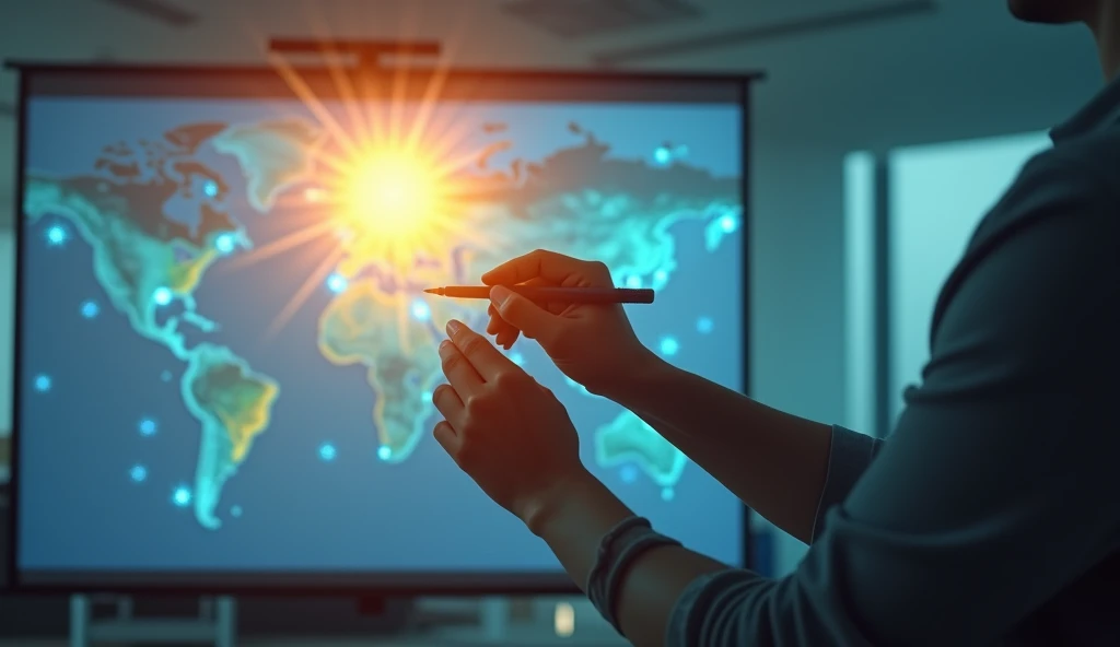 YouTube thumbnail nail, Geography lecture 6, sun picture on digital board, stylus in the teacher hand