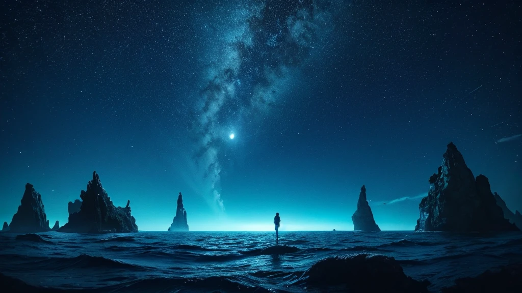 Full-HD, insanely detailed, best quality, background photo, sky, abyss, Scene of Sorrow, blue background, black background, in the sky, with a moon, with a meteor shower, at night, at midnight, chill atmosphere, blue, cool colors, under the sea, sad, under the sea, with stardust
