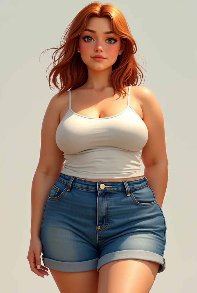 Full-body woman wearing jean shorts and a tank top with short straps, russet hair, Sardas is a bit overweight
