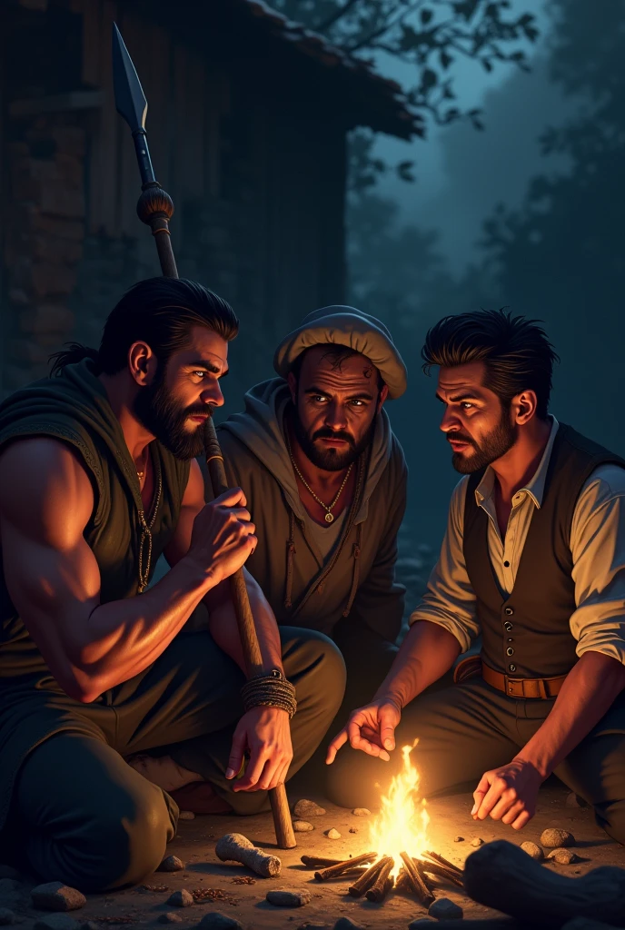 "Three men with distinct appearances and expressions, representing different backgrounds: one is a muscular hunter holding a spear, another a slender merchant with a calculating look, and the third a rugged ex-soldier with a scarred face. They are gathered in a dark corner of the village, conspiring under the cover of night, their faces partially illuminated by a flickering fire."