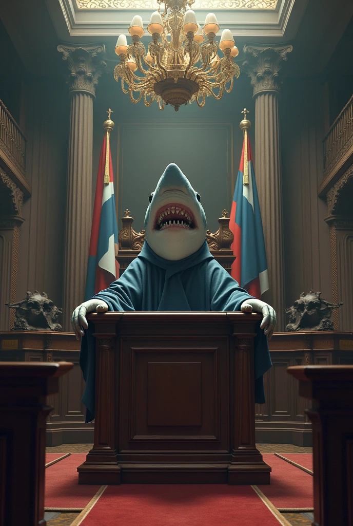 Create an image that I can download of a hammerhead shark in a courtroom
