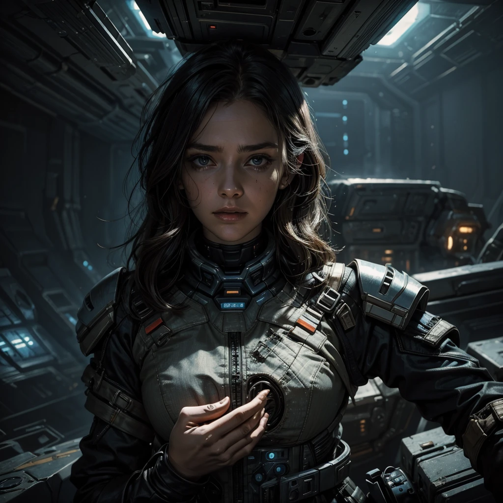 a woman in a worn and torn futuristic interstellar fleet uniform outside the half-destroyed interstellar fleet spaceship, the woman with her hands raised is interrogated by an alien, the scene is framed in close-up and very detailed