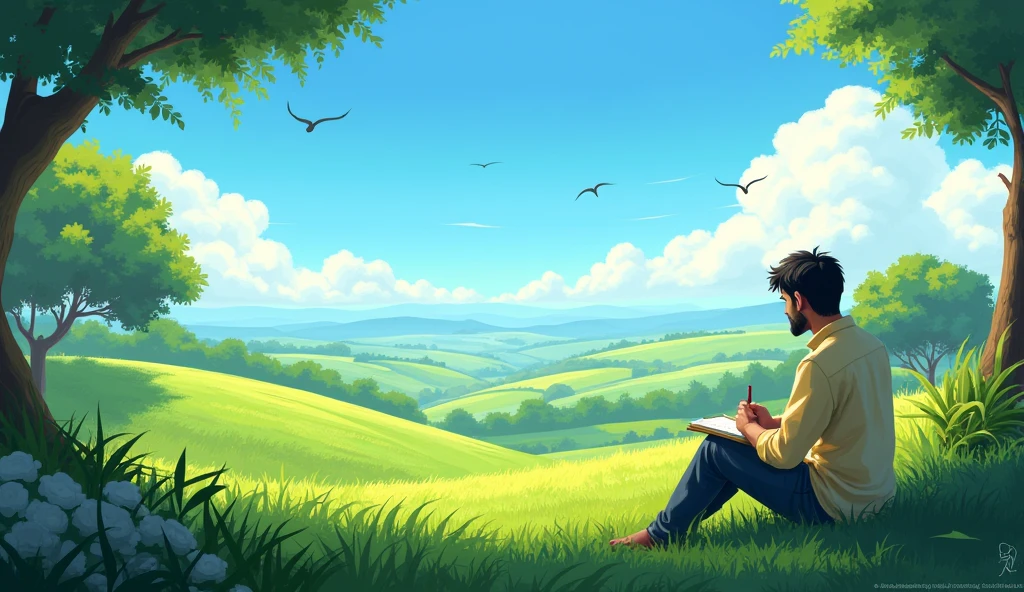 A serene village landscape with green fields, trees, and a clear blue sky, as Ramesh begins to write about it."