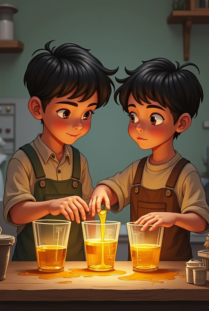 Two boy measuring oil with three large cups