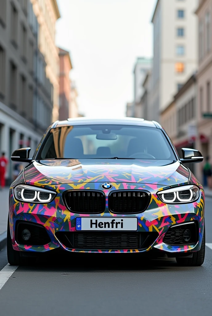 Create a BMW 1 in cool gray with many colorful patterns and black paint., The license plate says "Henfri"