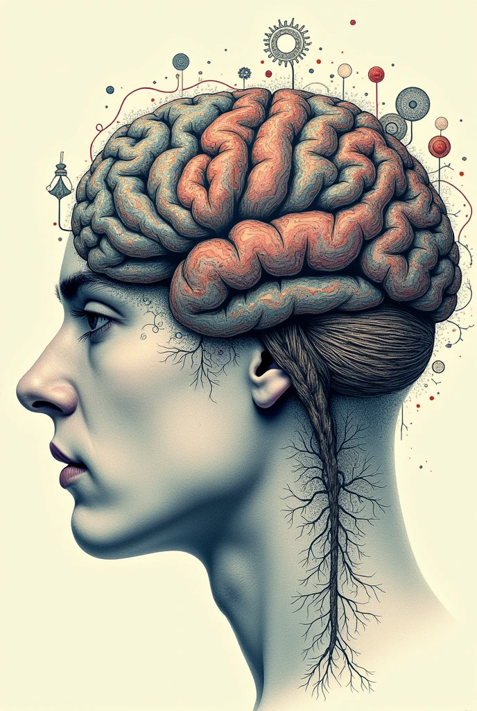 Poster of a man's face with typographic illustrations, Brain, intricate gears, interconnected neurons and elements that symbolize neurology, Create brain shapes, side view of face shape,
