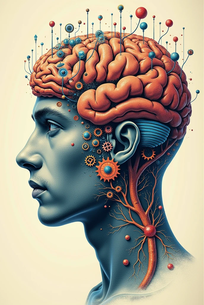 Poster of a man's face with typographic illustrations, Brain, intricate gears, interconnected neurons and elements that symbolize neurology, Create brain shapes, side view of face shape, 