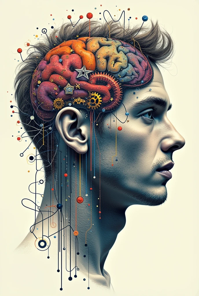 Poster of a man's face with typographic illustrations, Brain, intricate gears, interconnected neurons and elements that symbolize neurology, Create brain shapes, side view of face shape, 