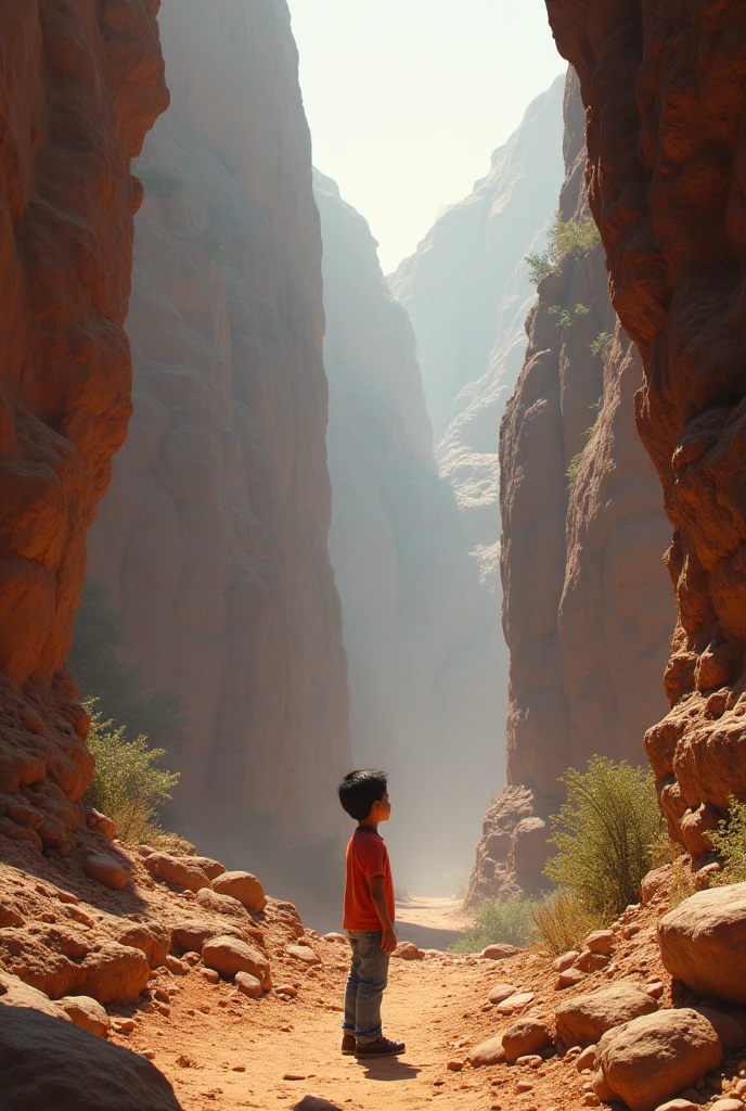 A boy named Arjun testing echos in a deep canyon 