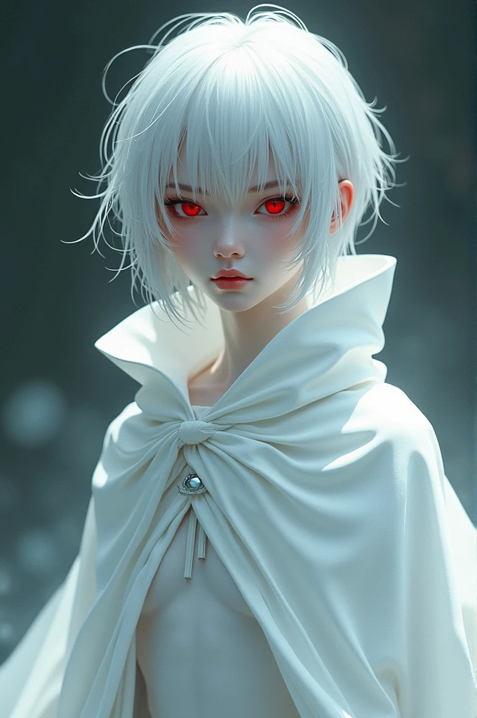 A female teenager with short white hair wearing a white cape with red eyes