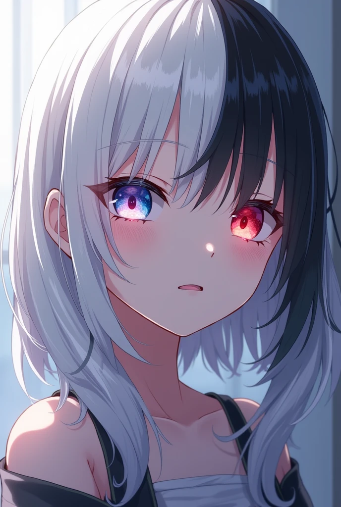 A girl from the anime Jujutsu Kaisen with white hair and a black streak., One eye is blue-violet and the other is red