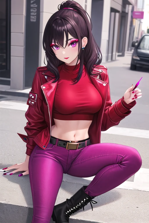 woman wearing 2000's fashion: red jacket, white crop-top, belt, tight jeans, combat boots, magenta makeup, magenta nail polish