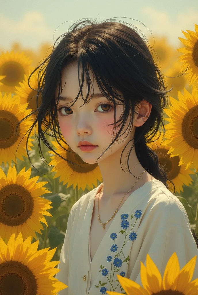 The composition of fictional characters,1 girl, Dress with young blue flowers, surrounded by sunflowers, the protagonist, With eyes open, your hair blown by the wind, e o sol cura, monochrome close-up painting, cute, dreamers, oil painting style, acrylic paint,, Japanese, interesting concept, Interesting design - AR 3:4 - with 20 - more than 5