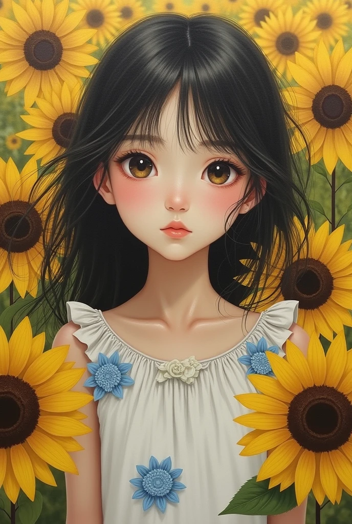 Anime girl with brown hair and pink eyes holds yellow flower in hands, elf girl in white dress, elf girl, beautiful anime portrait, anime visual of cute girl, detailed digital anime art, anime girl with long hair, cute anime girl portrait, fantasy style anime, beautiful anime art style, beautiful anime girl, anime style portrait, cute anime girl portrait