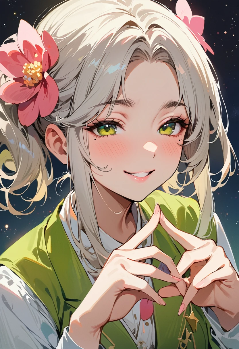 (masterpiece, best quality:1.4), 1 girl, 独奏, Star pupil, Blurred eyes, Close your left eye, Smile, Look up and down, Fox gesture, Right tear mole, (Green double ponytail hairstyle:1.2), Royal sister, large breasts, Vest, Midnight starry sky background.