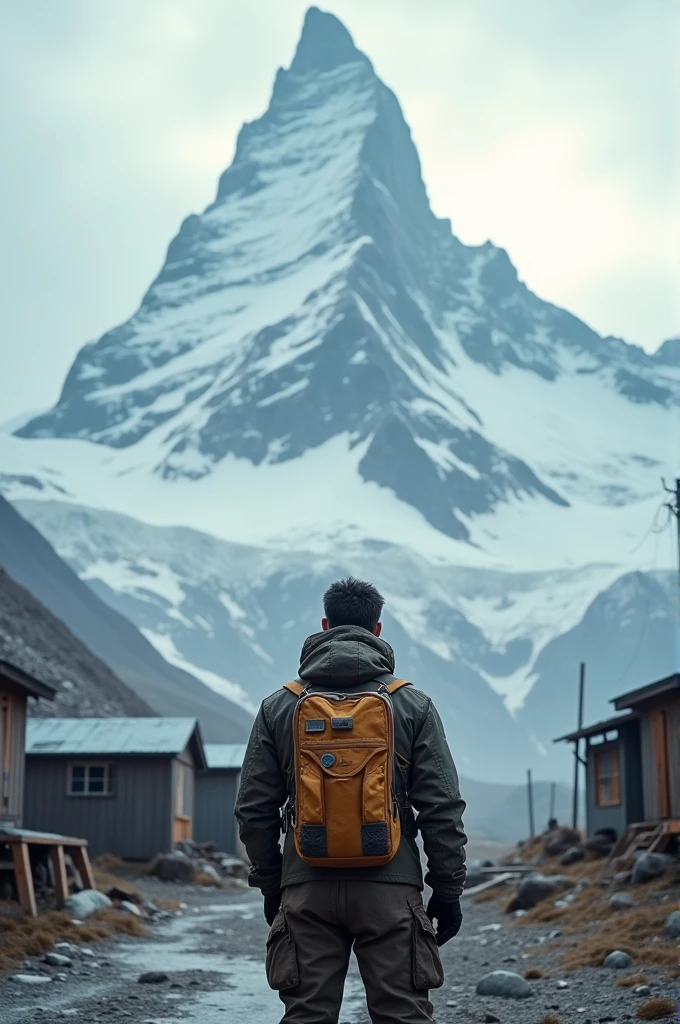 A guy in a maintain base, looking at the top of the mountain, the camera captures him from the back