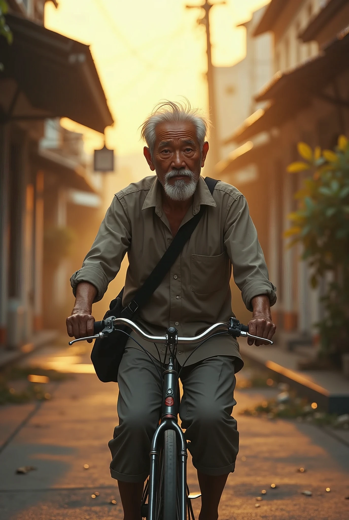 ( photo realism 1.2) photo realistic high detailed old Chinese male riding bicycle old Malay town background shoulder bag white hair and goatee morning dusk sunlight effect smoke effect 80's photo filter morning mode short trousers messy hair cinematic view dramatic view emotiona high definition film mode