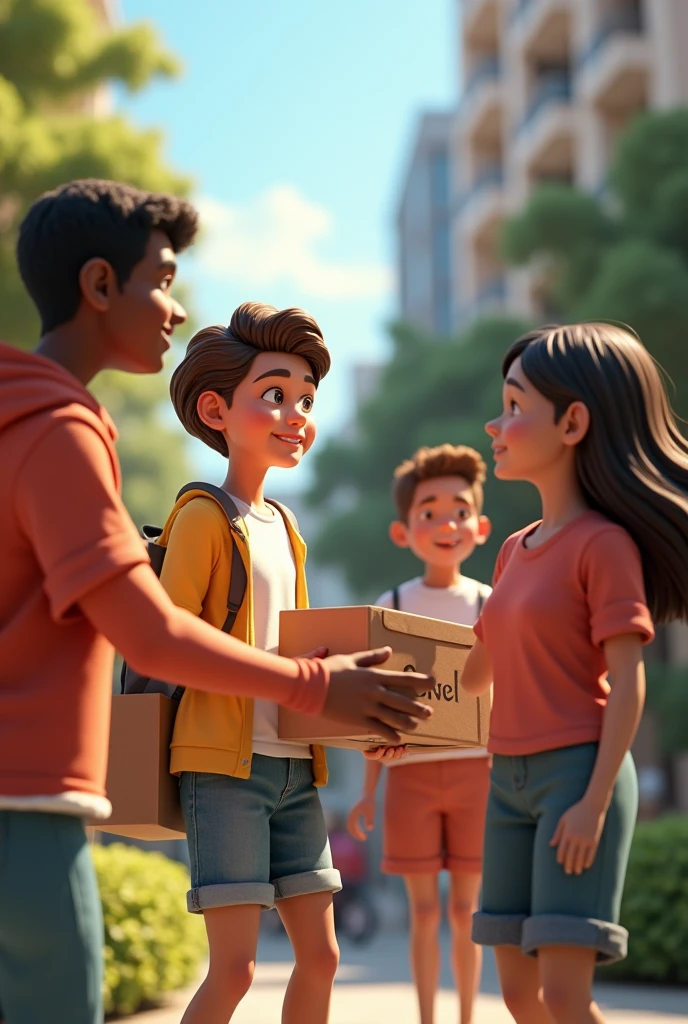 Young people helping other people in need, rich and poor, 3D drawing
