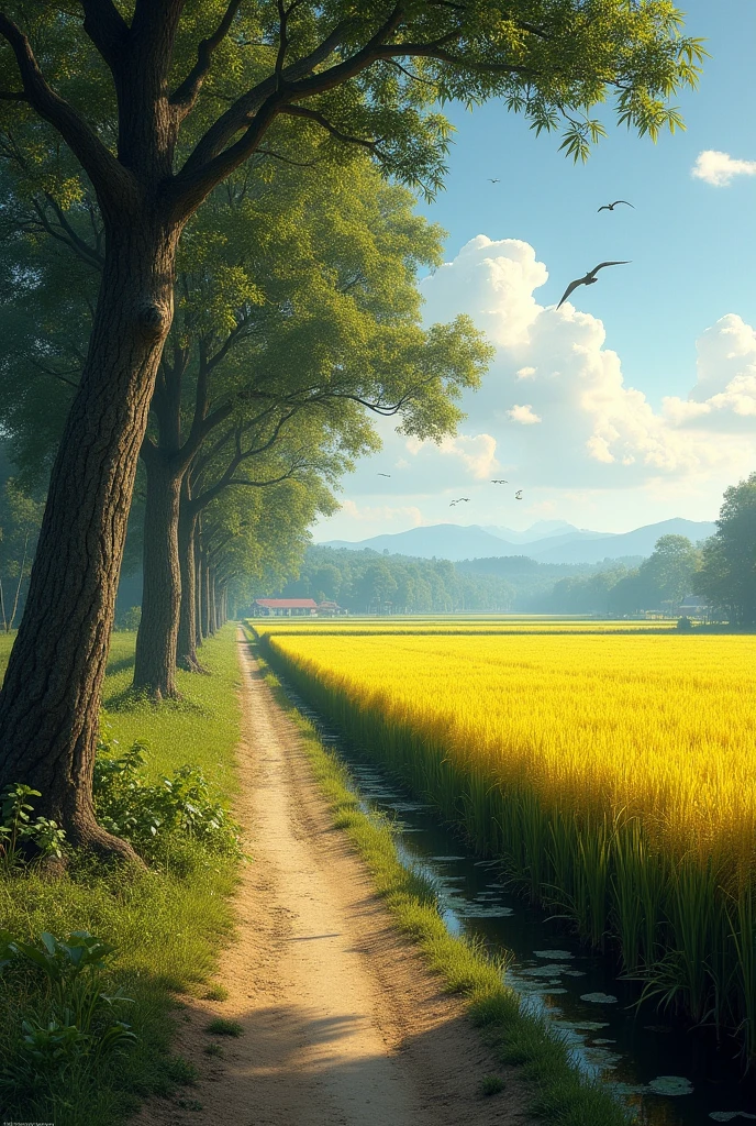 village scenery,vast rice fields,yellowing rice,shady trees,Night sky,birds flying,clear river,dirt road,12th-century atmosphere,ultra detail,utra realistic,Real photo,detail object