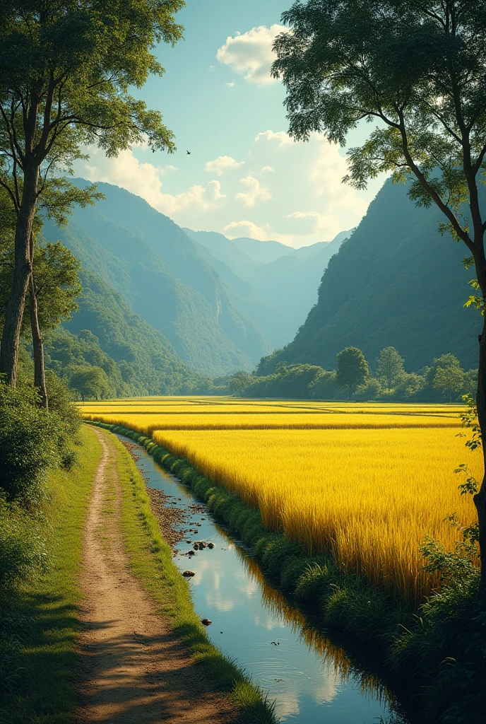 village scenery,vast rice fields,yellowing rice,shady trees,Night sky,birds flying,clear river,dirt road,12th-century atmosphere,ultra detail,utra realistic,Real photo,detail object
