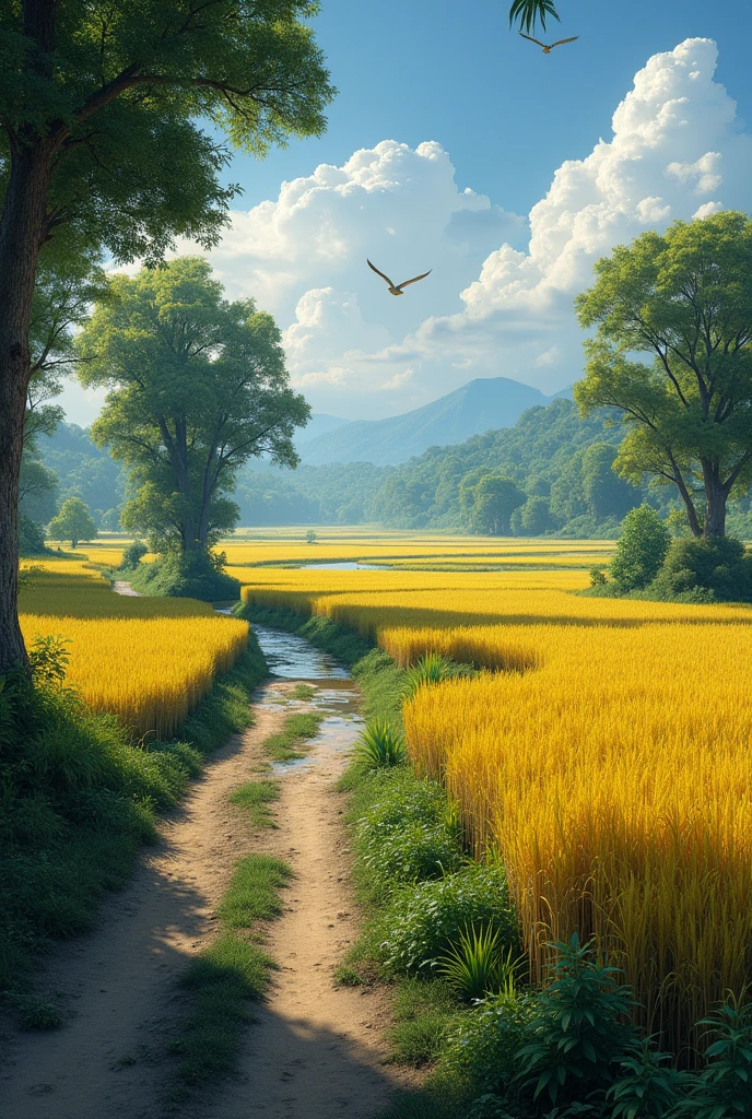 village scenery,vast rice fields,yellowing rice,shady trees,Night sky,birds flying,clear river,dirt road,12th-century atmosphere,ultra detail,utra realistic,Real photo,detail object