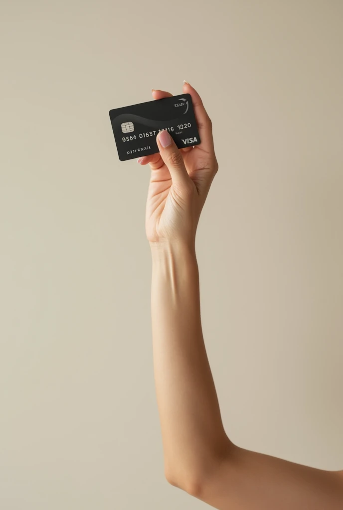 young lady&#39;s arm with a credit card in her clear and real hand in a vertical position so that the long arm can be seen without clothes and standing so that the thumb can be seen on top of the card in her right hand