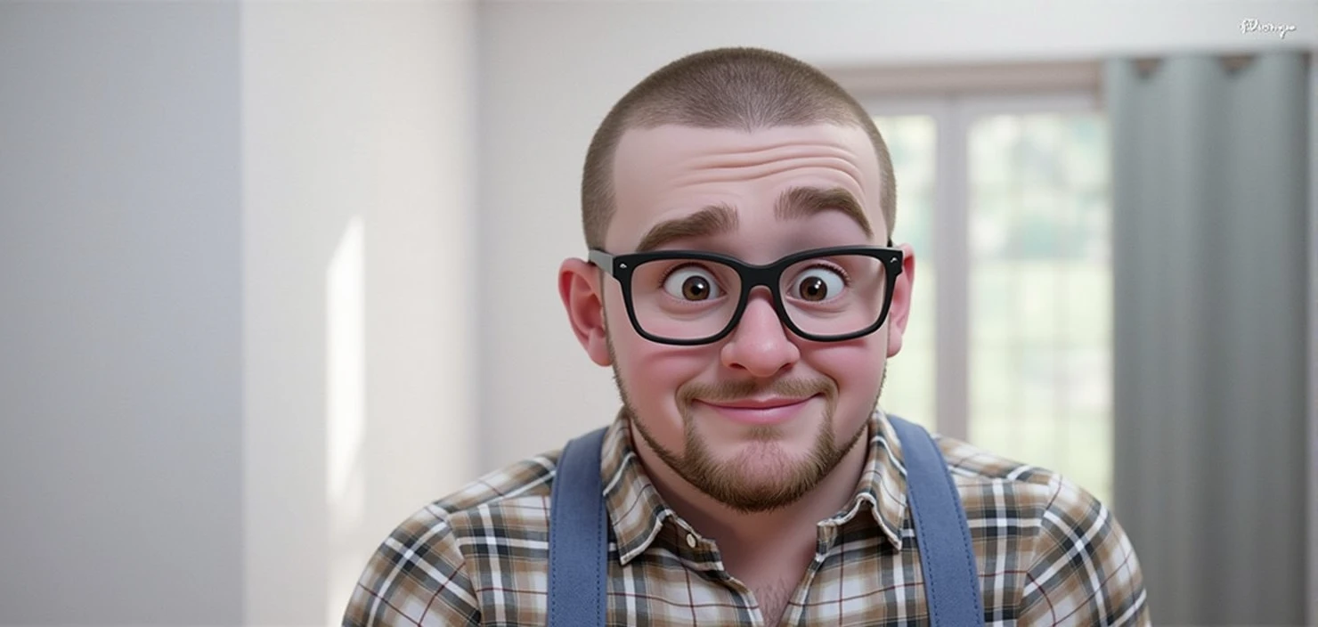 A 3D avatar in Pixar style that represents a 24-year-old man. He has a buzz cut hairstyle, His skin color is white. He wears glasses with a modern style and has a round and slightly chubby face, with a rather large forehead. He has a slightly visible beard and mustache with some gaps. He wears a plaid shirt and blue jeans. The avatar should be expressive and captivating, capturing the friendly and young personality of the individual. The eye color is dark brown.