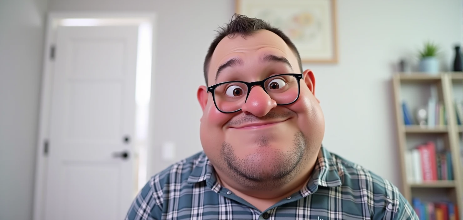 A 3D avatar in Pixar style that represents a 24-year-old man. He has a buzz cut hairstyle, His skin color is white. He wears glasses with a modern style and has a round and slightly chubby face, with a rather large forehead. He has a slightly visible beard and mustache with some gaps. He wears a plaid shirt and blue jeans. The avatar should be expressive and captivating, capturing the friendly and young personality of the individual. The eye color is dark brown.