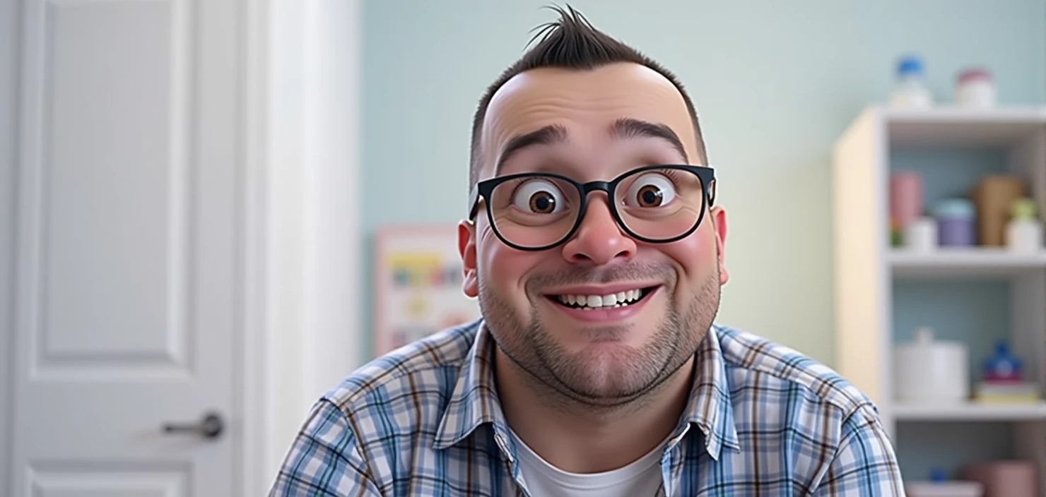 A 3D avatar in Pixar style that represents a 24-year-old man. He has a buzz cut hairstyle, His skin color is white. He wears glasses with a modern style and has a round and slightly chubby face, with a rather large forehead. He has a slightly visible beard and mustache with some gaps. He wears a plaid shirt and blue jeans. The avatar should be expressive and captivating, capturing the friendly and young personality of the individual. The eye color is dark brown.