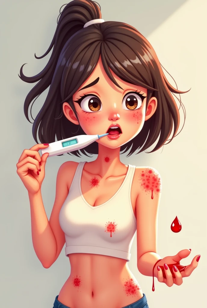 One female cartoon with 18 yr age having blisters on body and holding thermometer in mouth and one blood drop showing in hand 