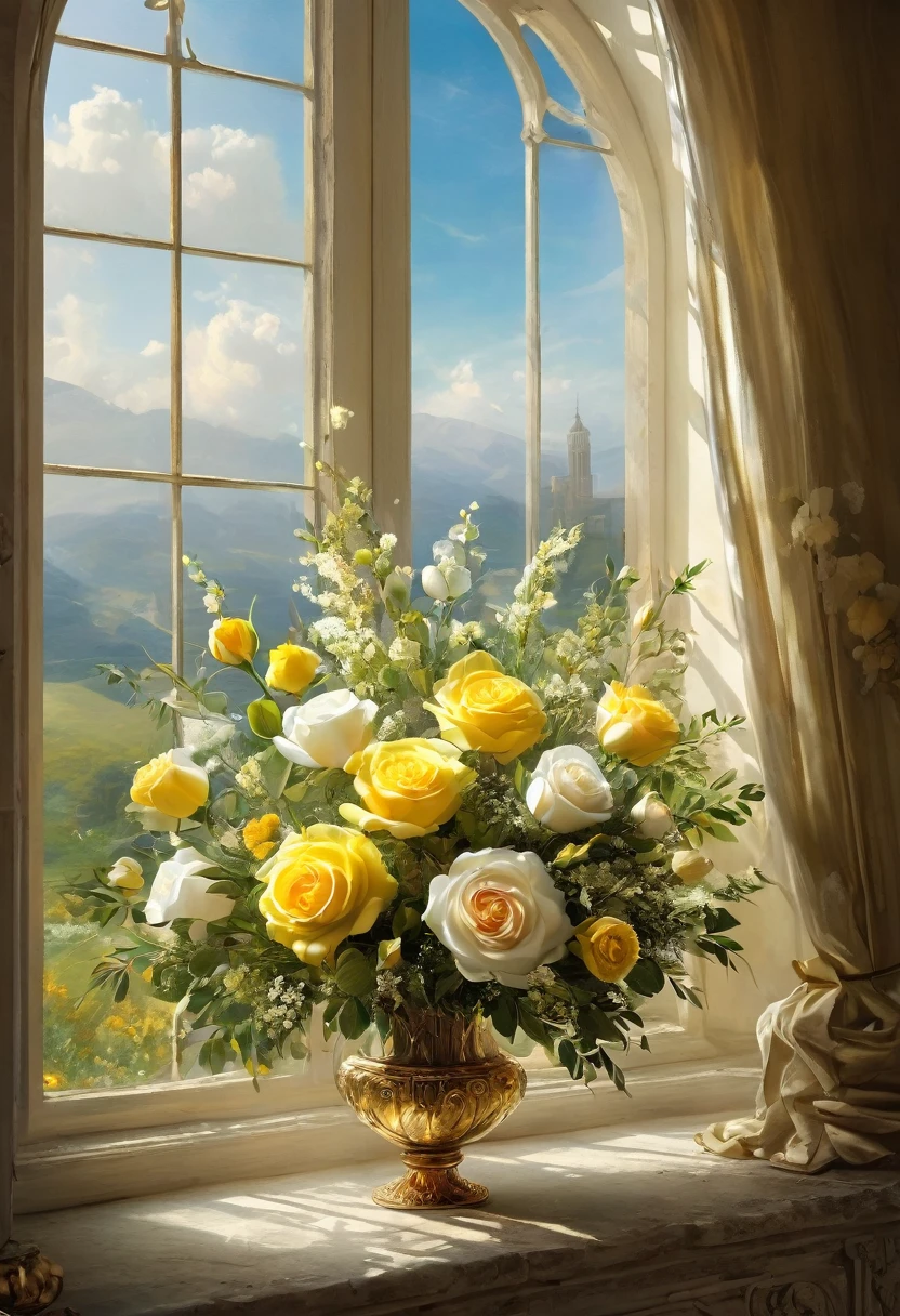 there is a large bouquet of flowers in front of a window, dreamy and detailed, stunning arcane scenery, beautiful atmospheric details, elegant flowers, yellow flowers, Baroque painting scenery, floral atmosphere, Floral painted scenery, exquisite floral details, flowers in background, white roses, smooth and complex, dreamy and ethereal, nature and floral aesthetics