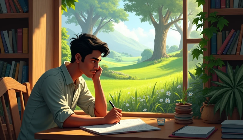 "Ramesh writing in his notebook, with an image of lush green fields and trees forming in his imagination."