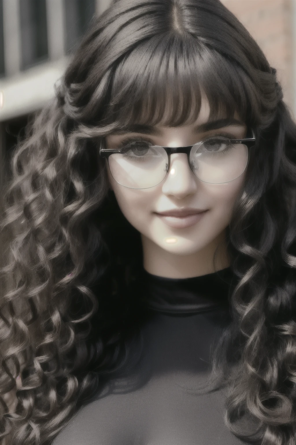 ((best qualityer)), ((realisitic)), (detailded), 1 girl with long curly black hair, wearing a black compress shirt and glasses