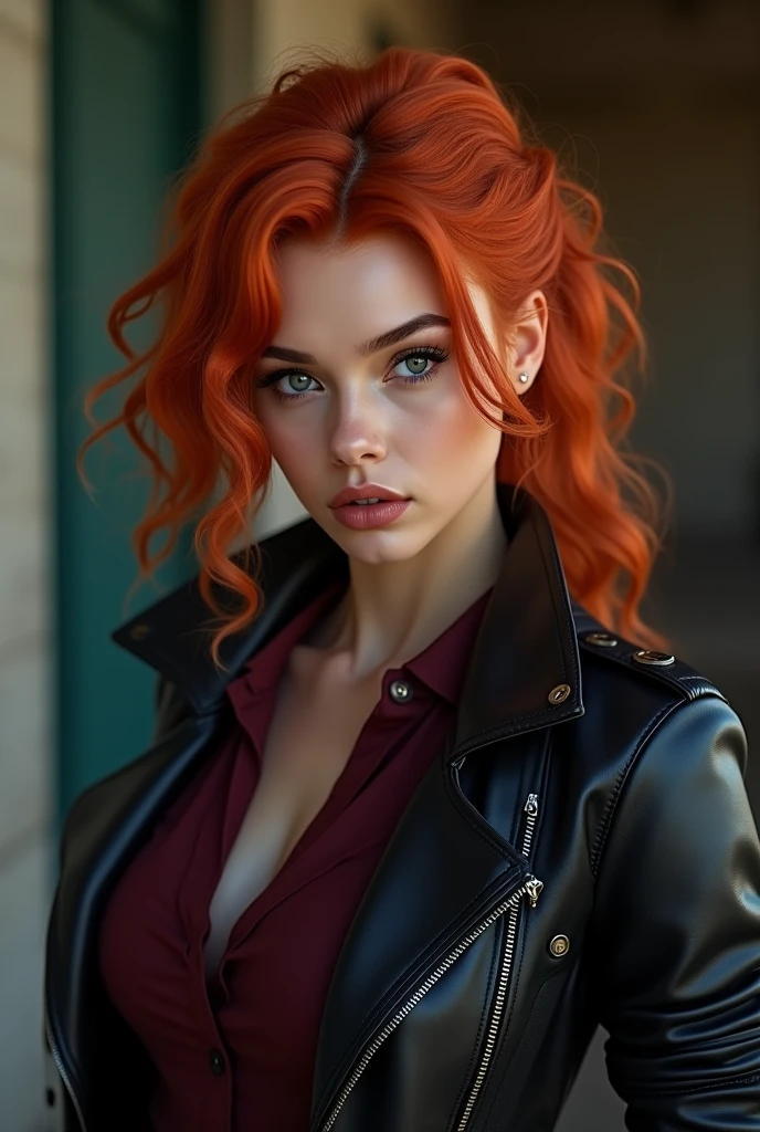 Almond-shaped eyes, full lips, a delicate nose, a strong jawline, and well-defined muscles. Long, fiery red hair, a soft yet profound gaze with a hint of ironic humor. A confident posture, often seen in a leather jacket over a burgundy shirt.