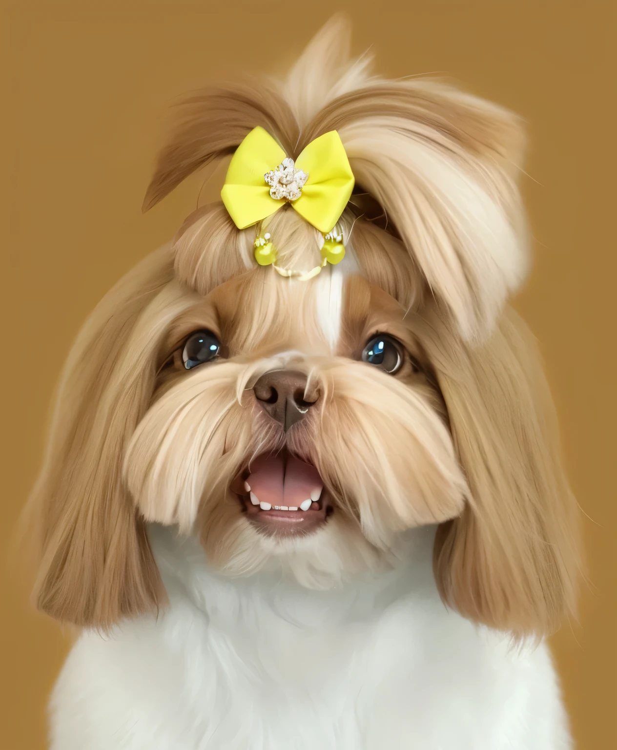 a very cute furry dog, hairs drawn like cartoon, perfectly drawn eyes, eyes like a cartoon drawing, beautiful eyes, perfect eyes, she is very happy, she is smiling, the image is very detailed