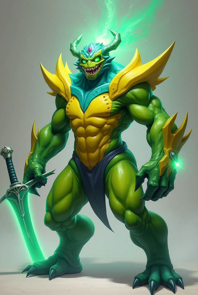 Personnage inspiré d'un monstre avec un corps vert jaune est bleu clair vif  sur sont corps une gémme sur sont sur ca tête qui pivote grâce a sont cercle sur sa tête couleur vert vif un un katana vert avec qu'ant il tien est de couleur verte argenté des jambes jaunes est verte pour c'est pied des bras musclé  couleur vert avec du mi-jaune sur c'est poing ou it sont katana de la gauche
Des yeux luisant vert une tête de monstre vert avec des point jaune sur sa peau de sont visage 

