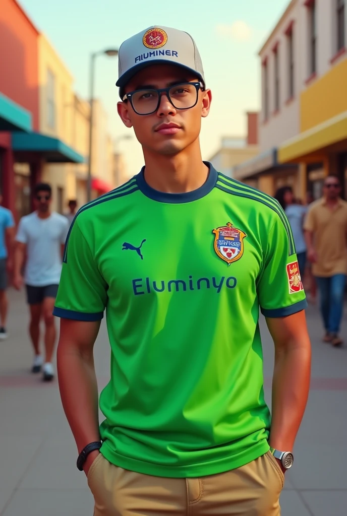 Young-adult Latin American male, wearing a Fluminense jersey, Tommy Hilfiger glasses, strapback cap, Bermuda in Kenner