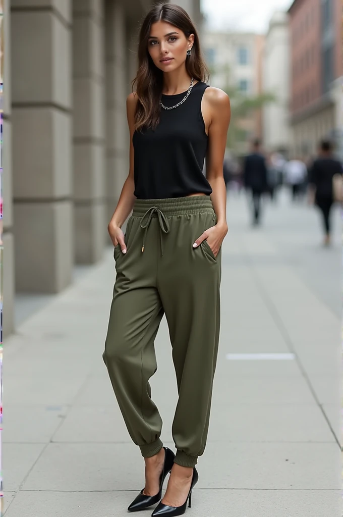 Generate an outfit with army green joggers , black top and black heels with silver jewellery