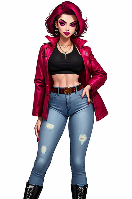 woman wearing 2000's fashion: red jacket, white crop-top, belt, tight jeans, combat boots, magenta makeup, magenta nail polish
