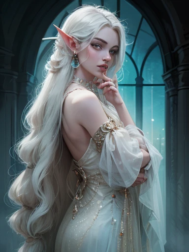 beautiful elven woman in her 20s, with grey eyes and striking features, really pale colorless skin makeup, pointy ears, glowing eyes, beauty, ((white long hair)), Orphism, Colorless, natural skin texture, fabolous dress, cottage ore night dress with paillettes, long nacreous nails