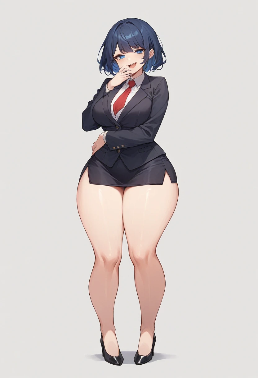 1adult woman, solo, long straight hair, hair bangs, bangs covering forehead, standing, dark blue hair,black blazer, white shirt, red tie, black pencil skirt, busty, thick thighs, wide hips, big soft thighs, shapely legs, black high heels, full body shown, white background,simple eyes, long fingernails, thick thighs pressed together, smug face, smug, smirk, teasing, blue eyes, entire body shown,one hand covering mouth , half-lidded eyes, open mouth, hand on waist, full body showing