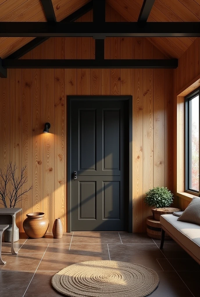 Cabin interior with painted grooved plywood, dark brown ceramic floor, and black exposed beams, dark coffee door