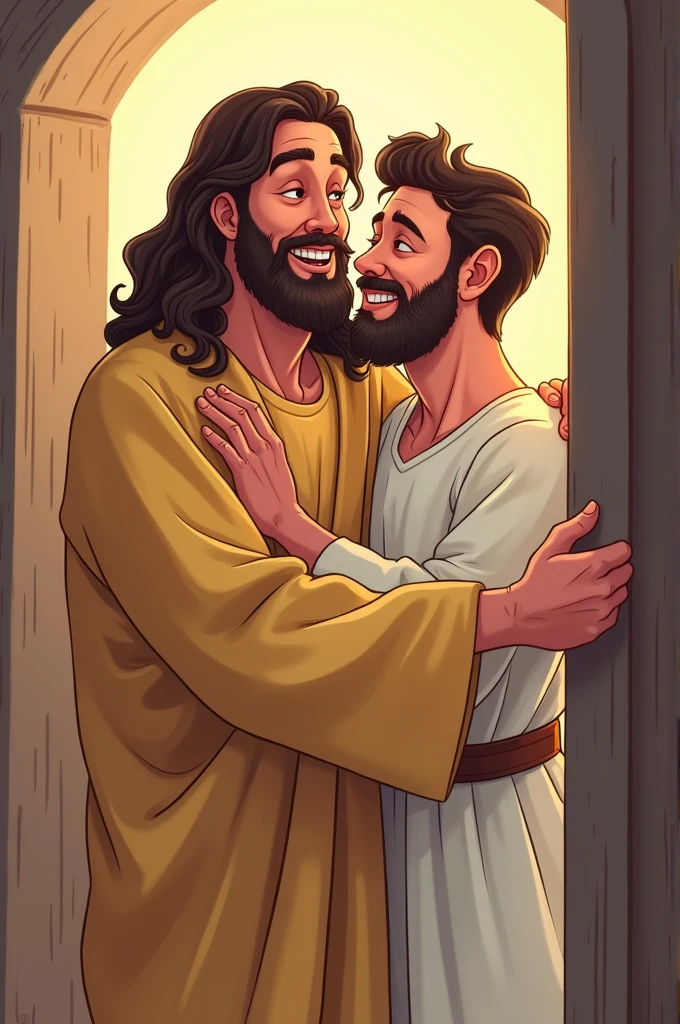 Create a cartoon image of a tired guy, Youngh, coming back from work and Jesus by his side hugging him, the two of them talking and Jesus smiling as the man talks about his workday