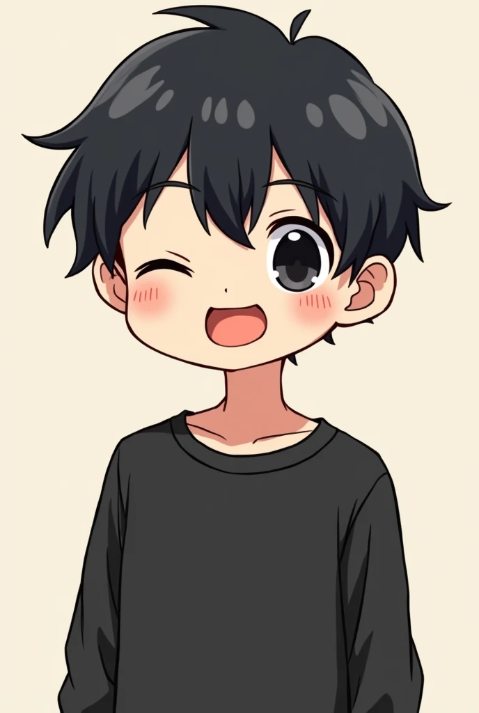Cute male anime cartoon character with black hair, black sweatshirt, black eyes, closed eyes and open mouth.