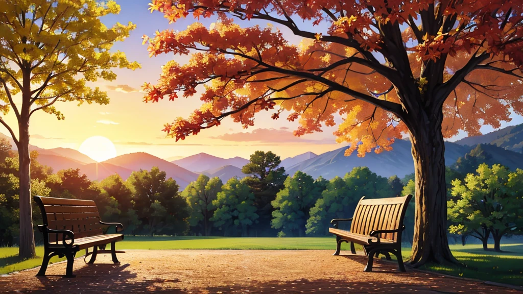 A tranquil autumn park at sunset, where golden leaves carpet the ground around a large, old oak tree with wide, outstretched branches. Beneath the tree, a worn wooden bench sits, with the faint imprint of two people who once shared it. The warm glow of the setting sun casts long shadows, highlighting a subtle pair of footsteps leading away from the bench, symbolizing a love that began and ended in this serene spot. The atmosphere is bittersweet, capturing the quiet beauty of a place where a couple once sat together, now separated by time.