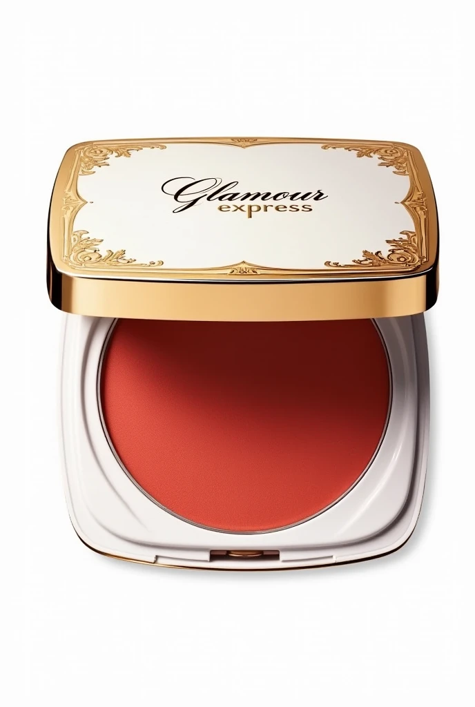 Create an image of a powder foundation with a gold and white lid. The foundation should be red in color and the packaging should display an elegant label with the brand name Glamour Express. transparent white background 