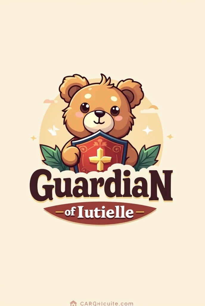 Profile logo with the name Guardian of Rutielle with a cute teddy bear holding a shield in the background