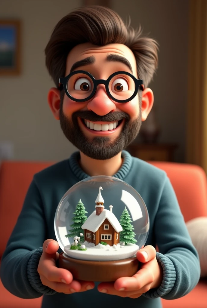 Pixar-style: White guy with a beard and short dark brown hair, Wearing Black Round Glasses, smiling and holding a snow globe from Canada
