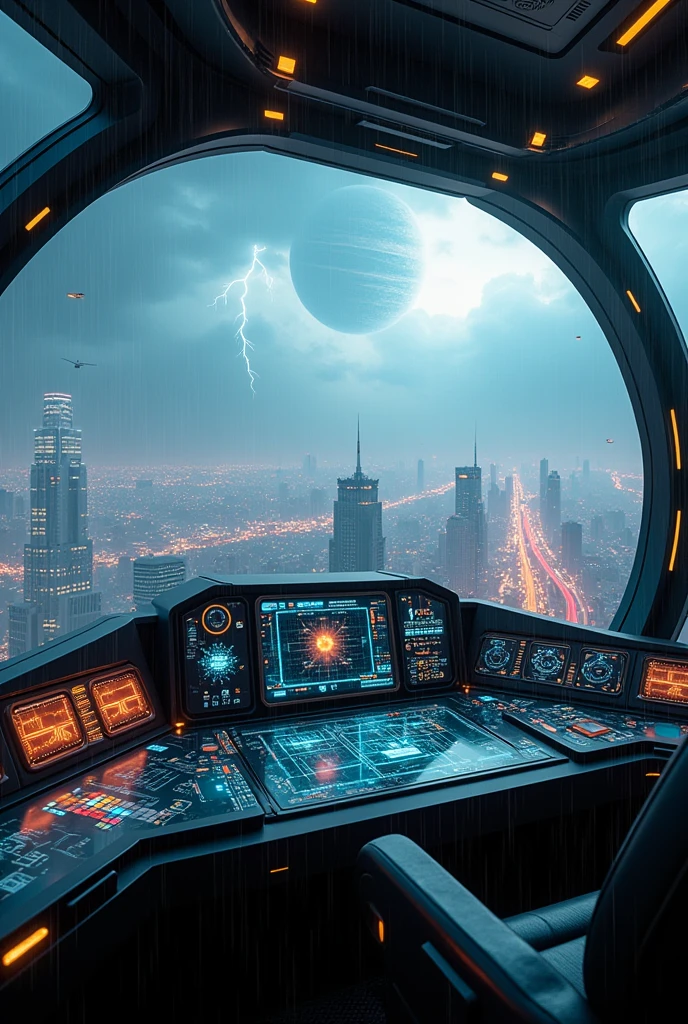 View from inside a spinner vehicle, digital control board(Maximum quality), (masterpiece: 1,2), (Very detailed: 1,2), ultra high resolution, unprocessed color photography, 8k, panoramic photography, photography of vast landscapes, Realistic photos, Elaborated photos, Depth of written limit, sharp focus, View of a cloudy sky with fog and thunderstorms of a futuristic cyberpunk city, sky line, scratching the skies, drones, planes, helicopters, spinner vehicles, Beautiful colors, Depth of written limit, wide light, low contrast, Backlight, sharp focus, vibrant colors, motion settings, (film "Blade Runner"), (film "The fifth element"), NY, giant advertising holograms, view of Saturn and its rings, good heavens, lightning, rain.